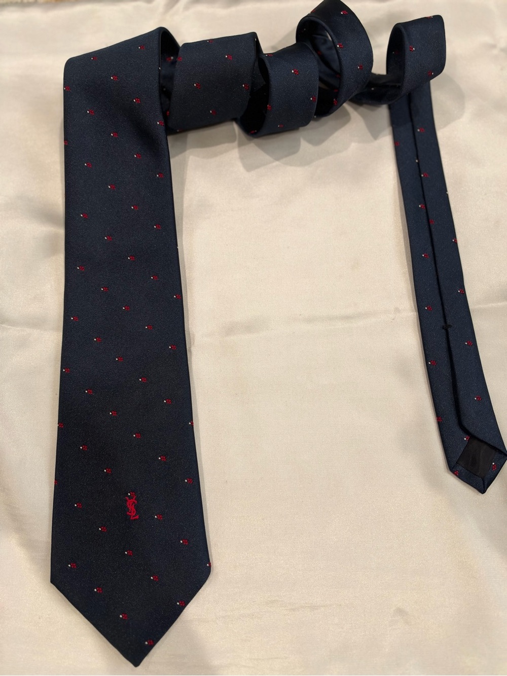 YSL Yves Saint Laurent Navy Silk Tie with Red Dot Embroidery